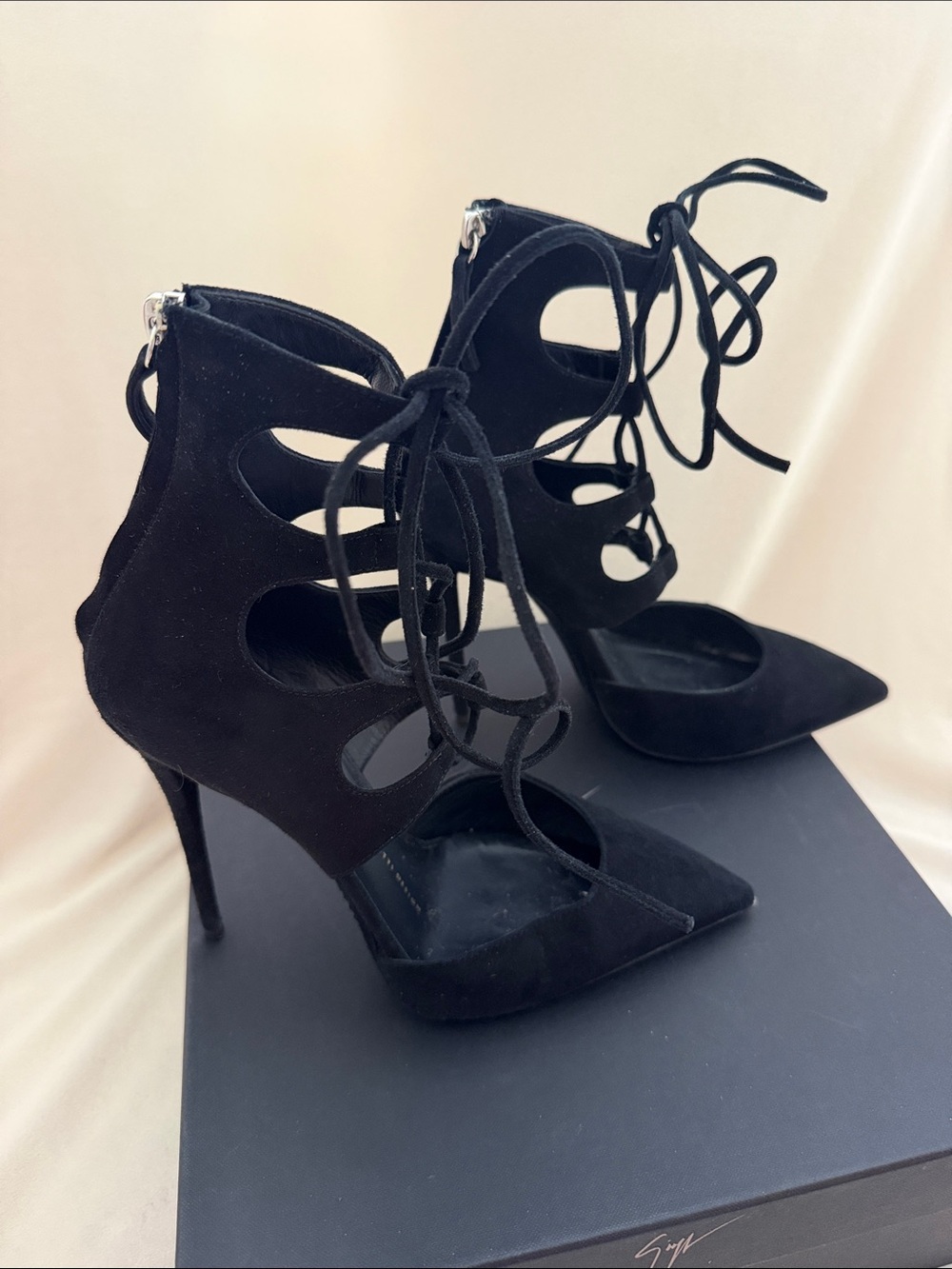 Giuseppe Zanotti Black Lace-Up Cutout Pointed Stiletto Heels